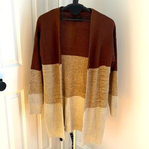 Brown, oatmeal, tan striped cardigan sweater.  NEW no tags